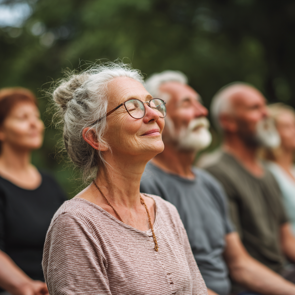 Peaceful yoga studio with natural light, showing diverse Polish adults in comfortable yoga poses, emphasizing tranquility and mindfulness