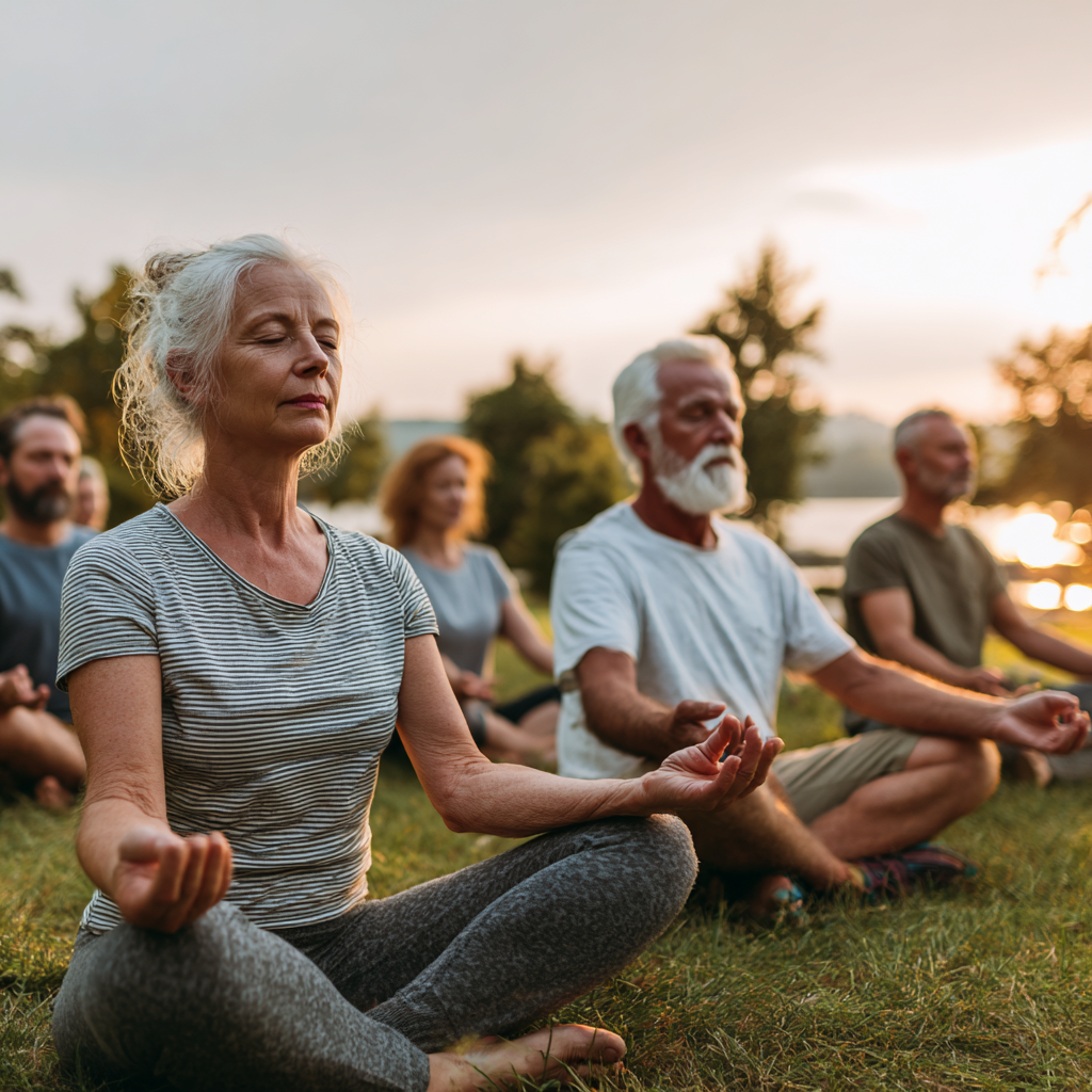 Calm yoga session focused on stress relief, showing Polish adults in relaxation poses in a serene, naturally lit environment